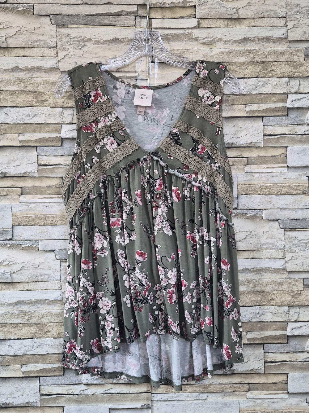 Knox Rose Floral Tank Top Size Large Olive Green Crochet Lace Boho Babydoll